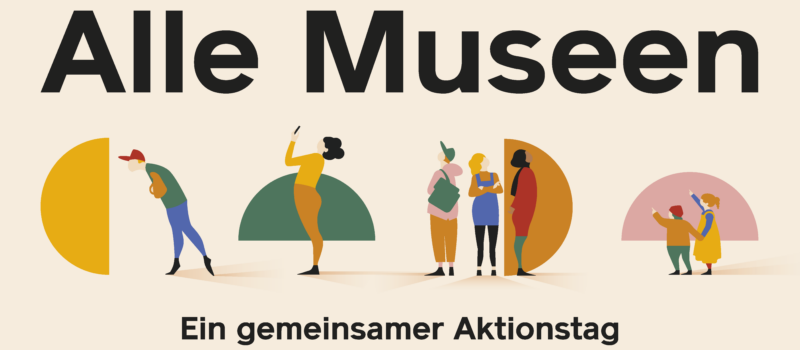 Grafik mit Figurenkonstellation. Schriftzug "Alle Museen. Ein gemeinsamer Aktionstag"